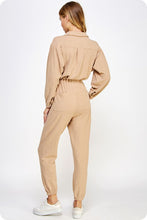 Taupe Tan Collared Button Down Textured Knit Jumpsuit