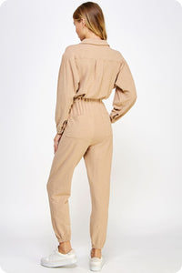 Taupe Tan Collared Button Down Textured Knit Jumpsuit