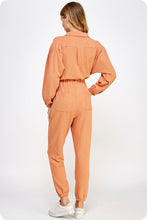 Apricot Tan Collared Button Down Textured Knit Jumpsuit