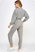 Heather Gray Tan Collared Button Down Textured Knit Jumpsuit