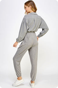Heather Gray Tan Collared Button Down Textured Knit Jumpsuit
