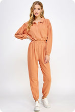 Apricot Tan Collared Button Down Textured Knit Jumpsuit