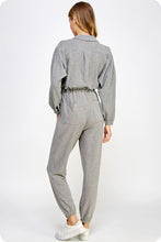 Heather Gray Tan Collared Button Down Textured Knit Jumpsuit