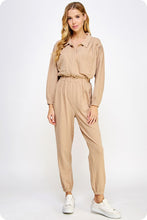 Taupe Tan Collared Button Down Textured Knit Jumpsuit