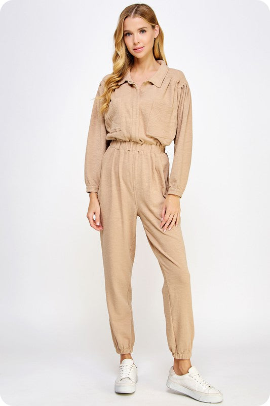Taupe Tan Collared Button Down Textured Knit Jumpsuit