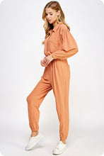 Apricot Tan Collared Button Down Textured Knit Jumpsuit