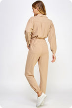 Taupe Tan Collared Button Down Textured Knit Jumpsuit