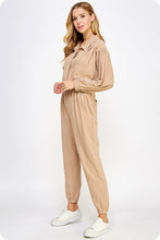 Taupe Tan Collared Button Down Textured Knit Jumpsuit