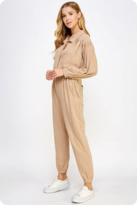 Taupe Tan Collared Button Down Textured Knit Jumpsuit