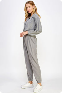 Heather Gray Tan Collared Button Down Textured Knit Jumpsuit