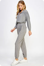 Heather Gray Tan Collared Button Down Textured Knit Jumpsuit