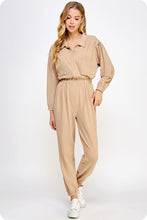 Taupe Tan Collared Button Down Textured Knit Jumpsuit