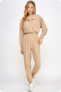Taupe Tan Collared Button Down Textured Knit Jumpsuit