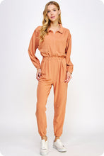 Apricot Tan Collared Button Down Textured Knit Jumpsuit