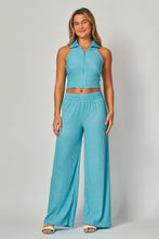 Blue Jewel Crinkle Textured Collar Zip-up 2pc Loungewear Set