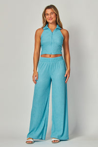 Blue Jewel Crinkle Textured Collar Zip-up 2pc Loungewear Set