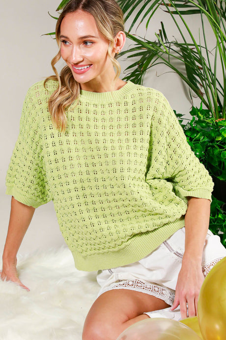 Sage Short Sleeve Pointelle Summer Sweater Top
