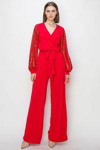 Red Solid Ity Jumpsuit With Long Sequeance Sleeves & Cuff