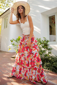Tomato Floral Tiered Maxi Skirt