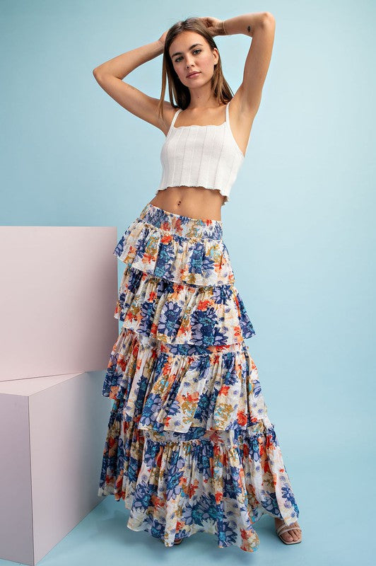 Violet Floral Tiered Maxi Skirt