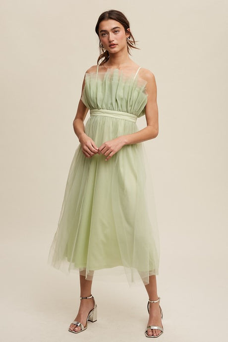 Light Green Paper Bag Frill Tulle Maxi Dress