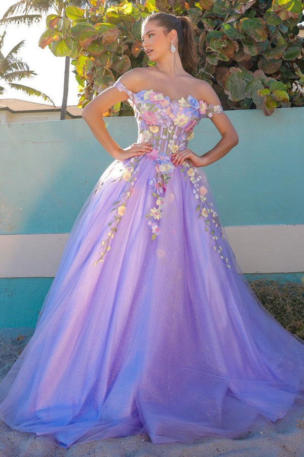 Lilac Off Shoulder 3D Floral Applique A Line Ball Gown