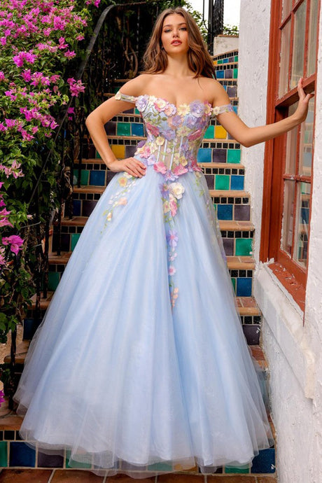 Baby Blue Off Shoulder 3D Floral Applique A Line Ball Gown