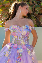 Lilac Off Shoulder 3D Floral Applique A Line Ball Gown