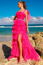 Fuchsia Bow Shoulder Pleated Top Tiered A Line Dress