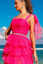 Fuchsia Bow Shoulder Pleated Top Tiered A Line Dress