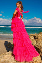 Fuchsia Bow Shoulder Pleated Top Tiered A Line Dress