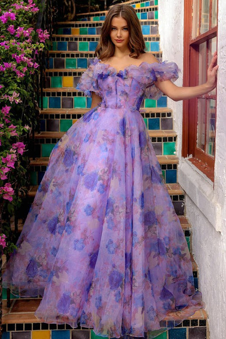 Purple Sleeveless Ruffled Top A Line Floral Print Dress