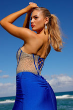 Royal Blue Rhinestone Bustier Illusion Top Sheath Dress