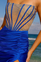 Royal Blue Rhinestone Bustier Illusion Top Sheath Dress