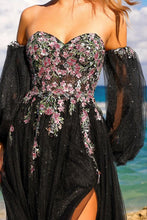 Black Sweetheart Detached Puff Sleeve Floral Embroidery