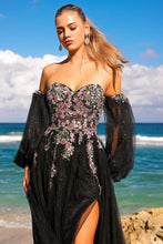 Black Sweetheart Detached Puff Sleeve Floral Embroidery