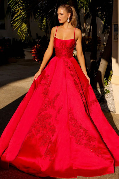 Red Spaghetti Straps A Line Ball Gown