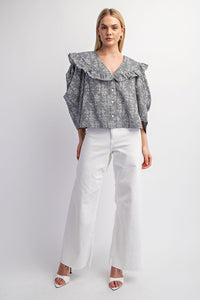 Black Floral And Ginham Print Button Down Top