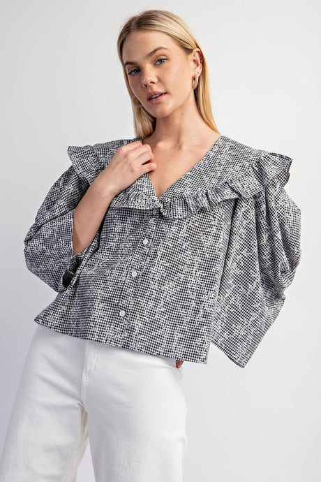 Black Floral And Ginham Print Button Down Top