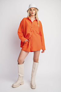 Orange Lightly Textured Oversized Button Down Shirt