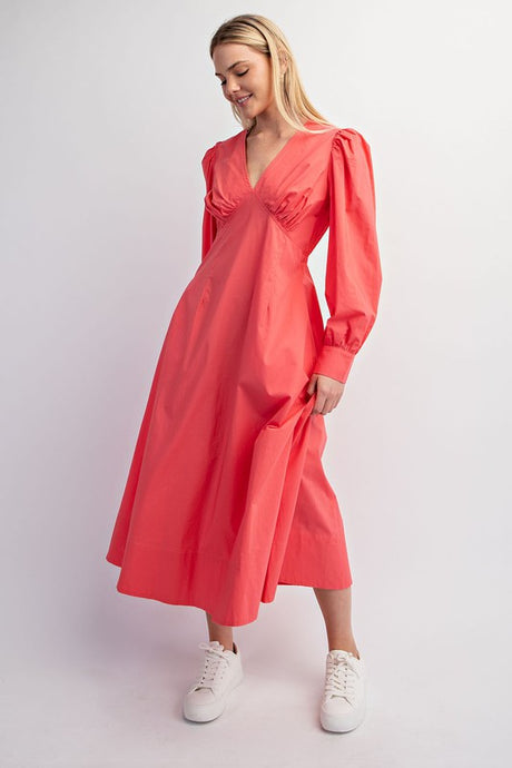 Coral Empire Waist A-Line Midi Dress