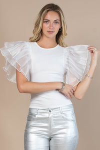 Off White Solid Rip Organza Ruffled Butterfly Top
