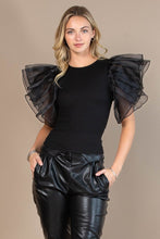 Black Solid Rip Organza Ruffled Butterfly Top