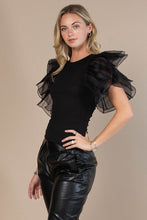 Black Solid Rip Organza Ruffled Butterfly Top