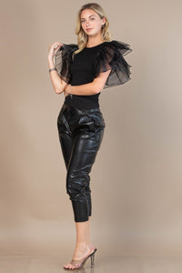 Black Solid Rip Organza Ruffled Butterfly Top