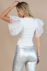 Off White Solid Rip Organza Ruffled Butterfly Top