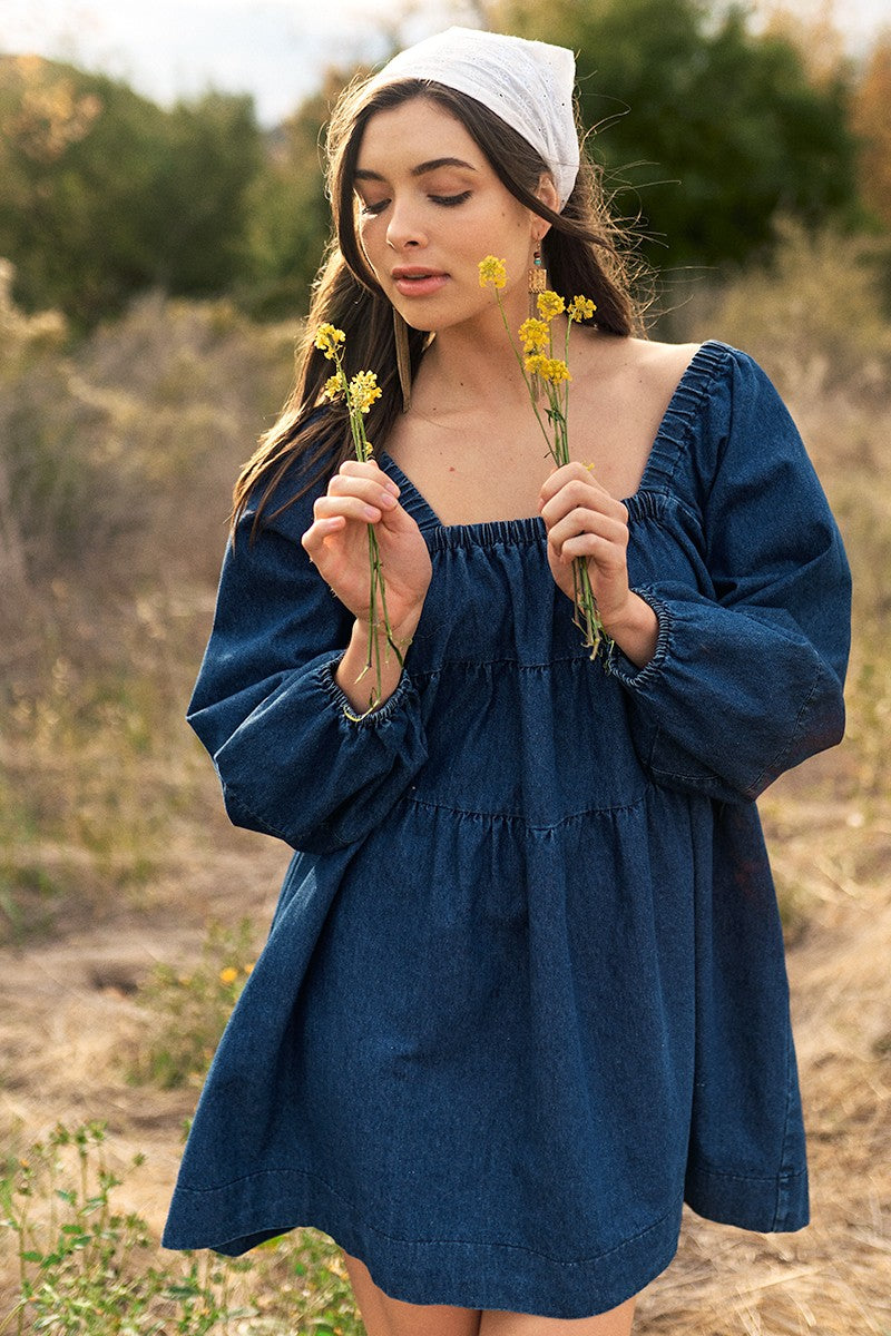 reformation stasia silk dress Dark Denim Tiered Denim Long Sleeve Dress – Aquarius Brand