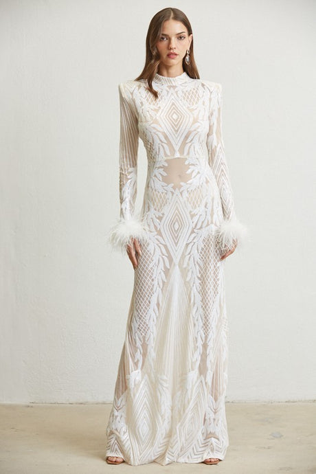 White Baroque Sequin Mesh Maxi Dress