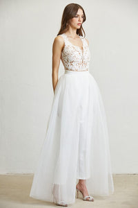 White Embroidered Mesh Tulle Jumpsuit