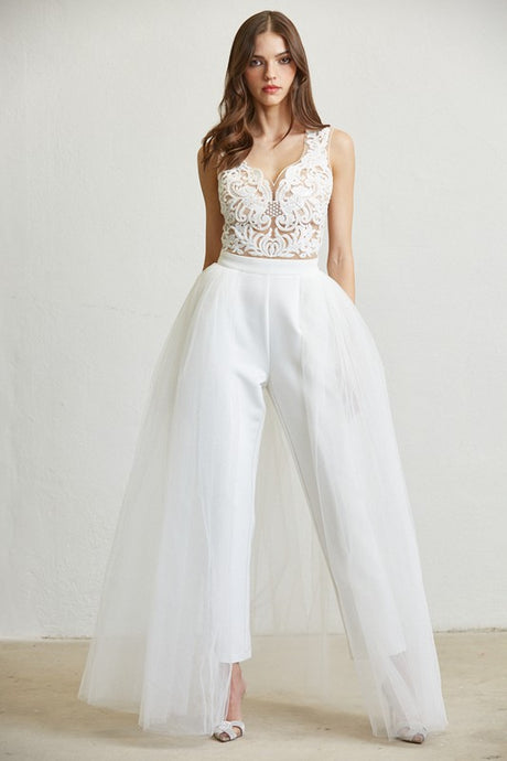 White Embroidered Mesh Tulle Jumpsuit